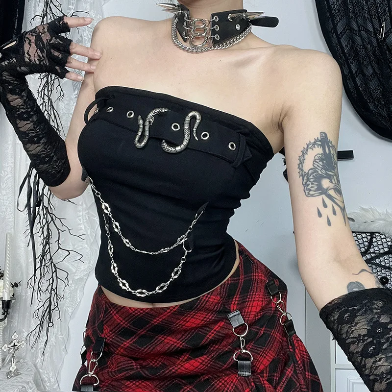 

Готический темный стиль, топ без бретелек со змеиной пряжкой, новинка лета 202, сексуальные тонкие универсальные женские топы, модный дизайн, уличная одежда