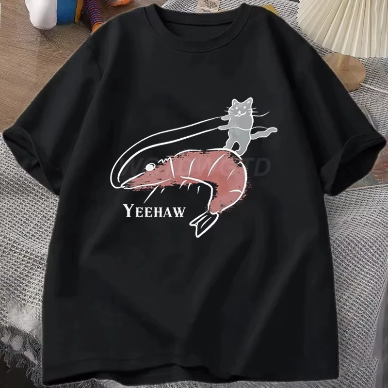 Funny T-shirt Cat Riding Shrimp Yeehaw Graphic T-shirts Men Women Funny Animal Print Casual Tops Cat Lover Gift Adult Clothes