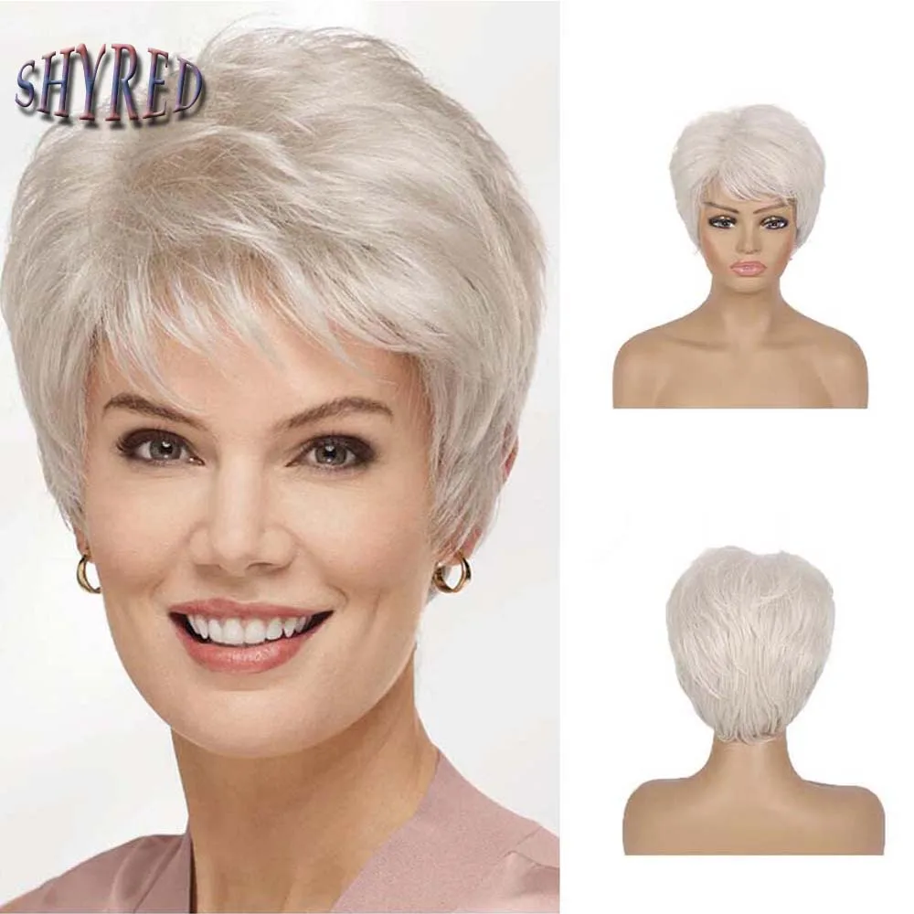 Short White Synthetic Wig Ombre Fluffy Pixie Cut Wig With Bangs For Women Natural Daily Wear Wig