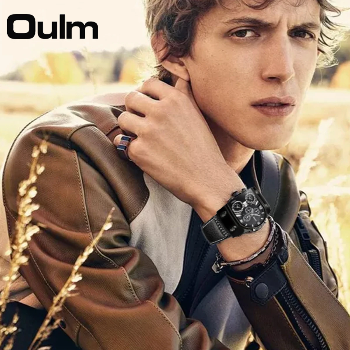 Oulm Unique Big Size Men\'s Watches Three Time Zone Outdoor Sports Watch Male Casual Leather Strap Men Wristwatches Relogio