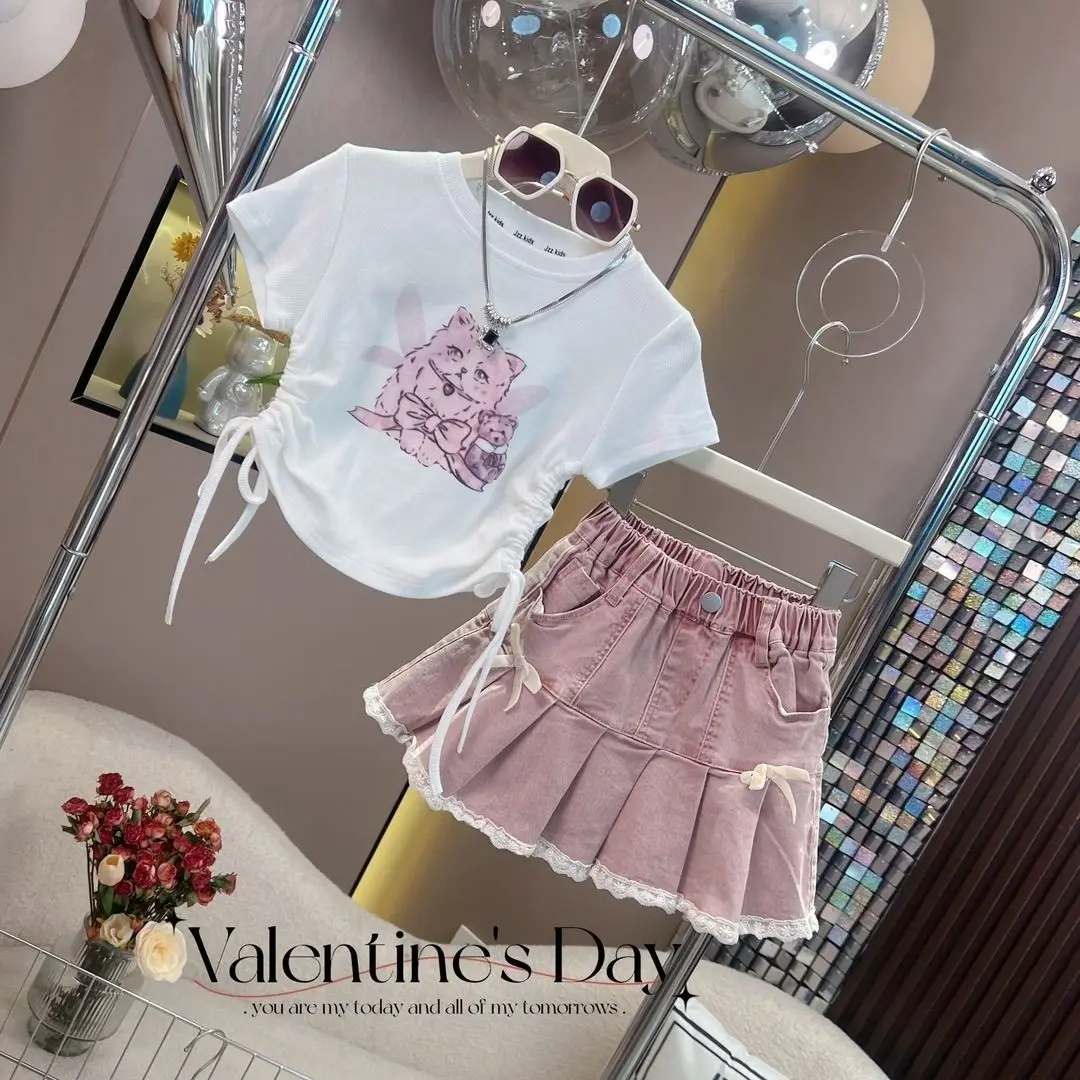 New Baby Girls  Summer Fashion  Sets  Cartoon T-shirt +  Pink  Jean Skirts    Princess Sweet Suits   2- 10 T