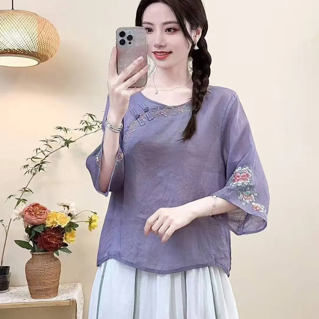 New Women's Clothing Summer Cotton And Linen Diagonal Embroidered Top Buckle Chinese National Embroidery Retro Tea Clothes Shirt