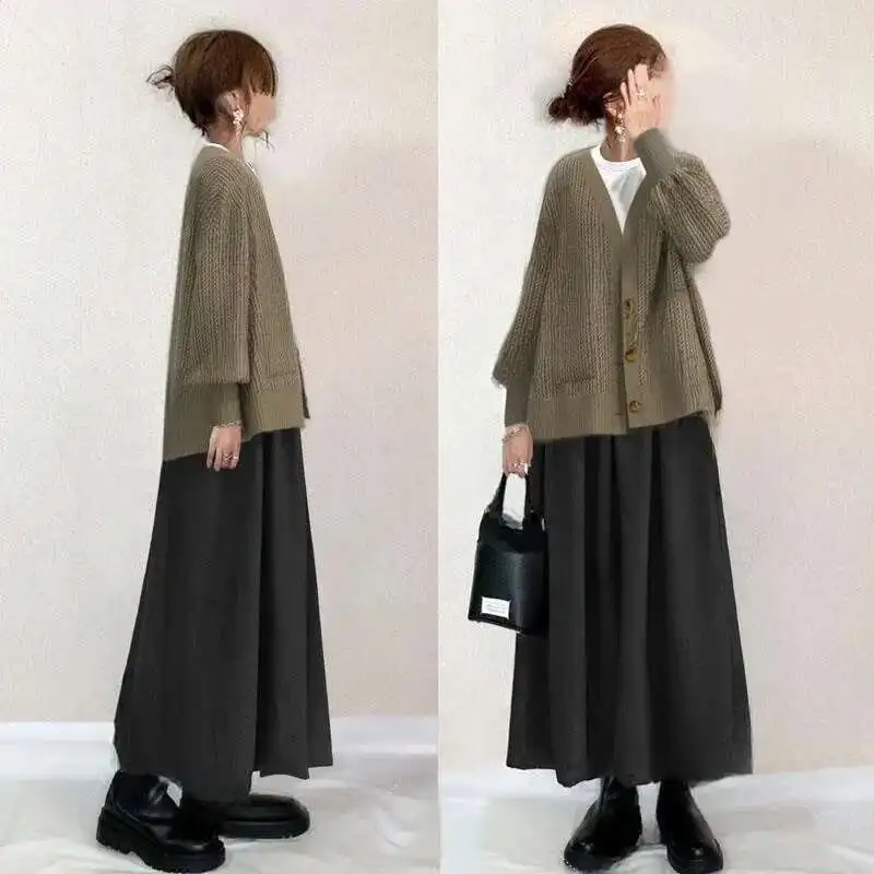 

Japanese and Korean Set 2025 Autumn/winter New V-neck Woolen Top+half Skirt Two Piece Set