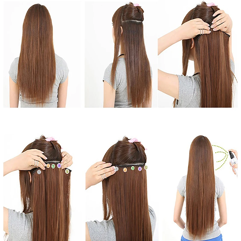 24 นิ้วยาวสังเคราะห์ตรงคลิปต่อผม One Piece 5 คลิป Multicolor Ombre สีชมพูสีแดงสีฟ้าสําหรับผู้หญิง