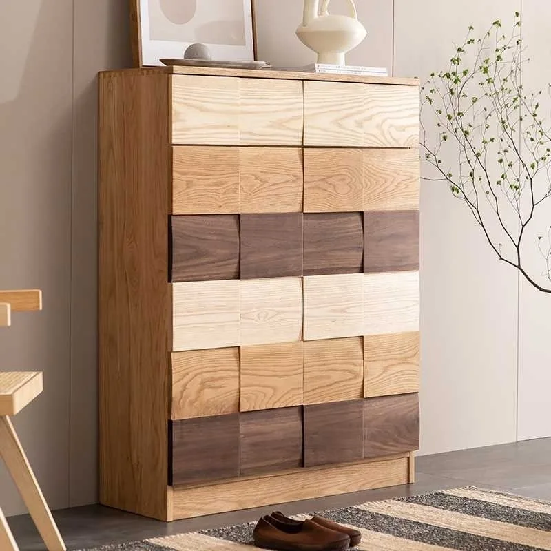 Japanese-style plaid solid wood shoe cabinet, simple household locker storage at the entrance of the living room entry locker