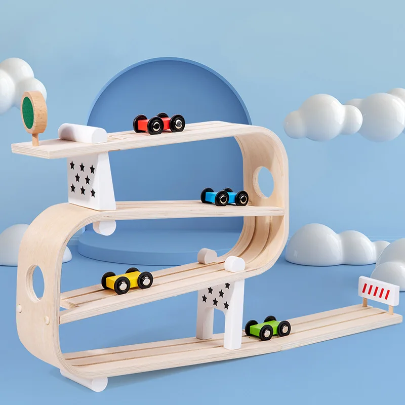 Children's Early Education Visual Tracker Wooden Inertial Racing Track Hand-eye Coordination Exercises Glide Car Toys Kids Gifts