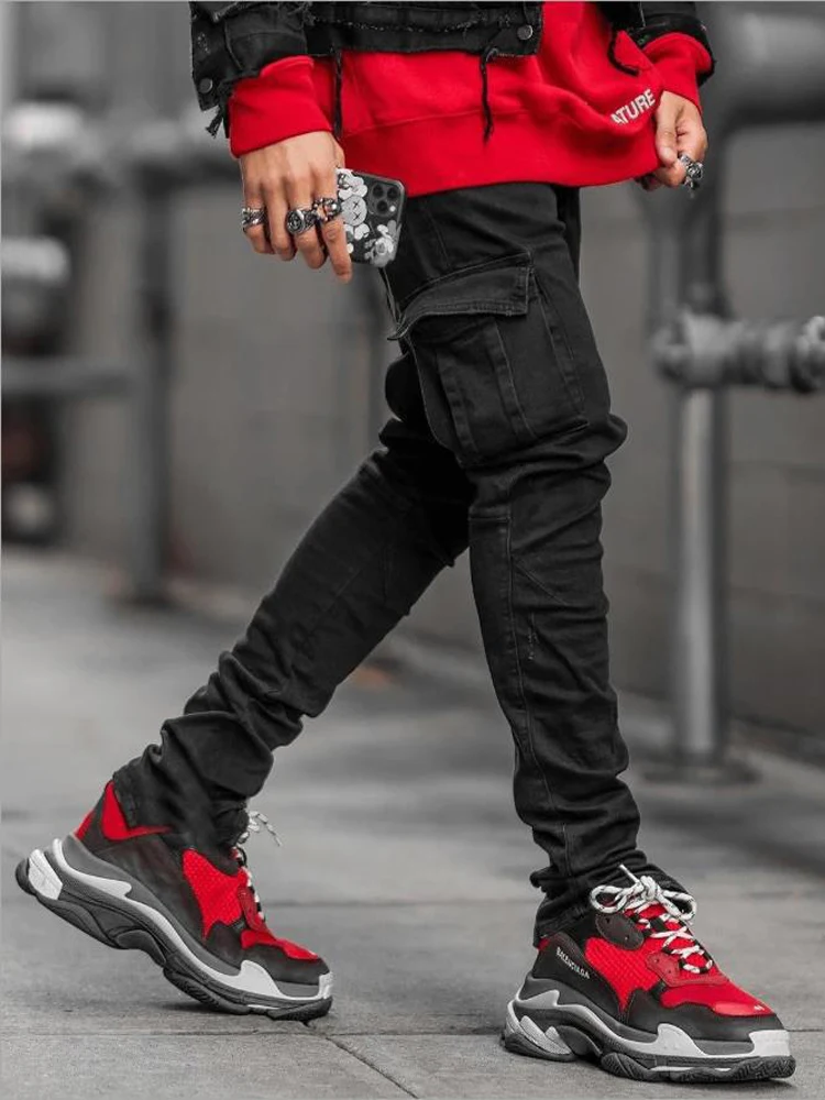 Men\'s Denim Cargo Pants Overalls Multi-Pocket Ripped Blue Black Jeans Spring  Hip Hop Boys Clothing Pencil Man Pants StreetWear