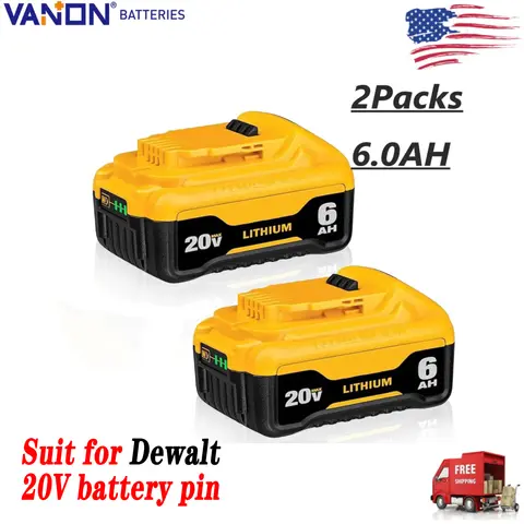 VANON 2Pcak 6.0Ah 20v DCB200 Battery Replace for Dewalt 20v Battery Pin DCB204 DCB205 Li-on Battey Fit for Cordless Power Tools