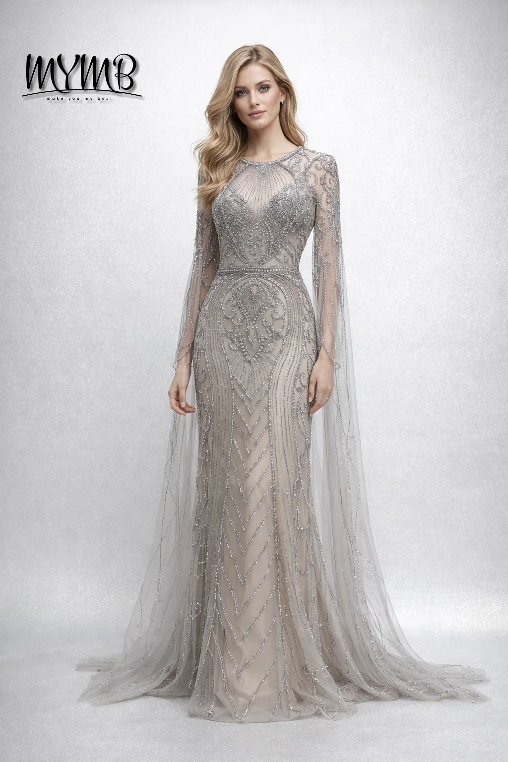 MYMB Silver Haute Couture Scoop Neck Cape Sleeves Evening Dresses for Women Wedding Party 2024 Luxury Beaded Mermaid Prom Gowns