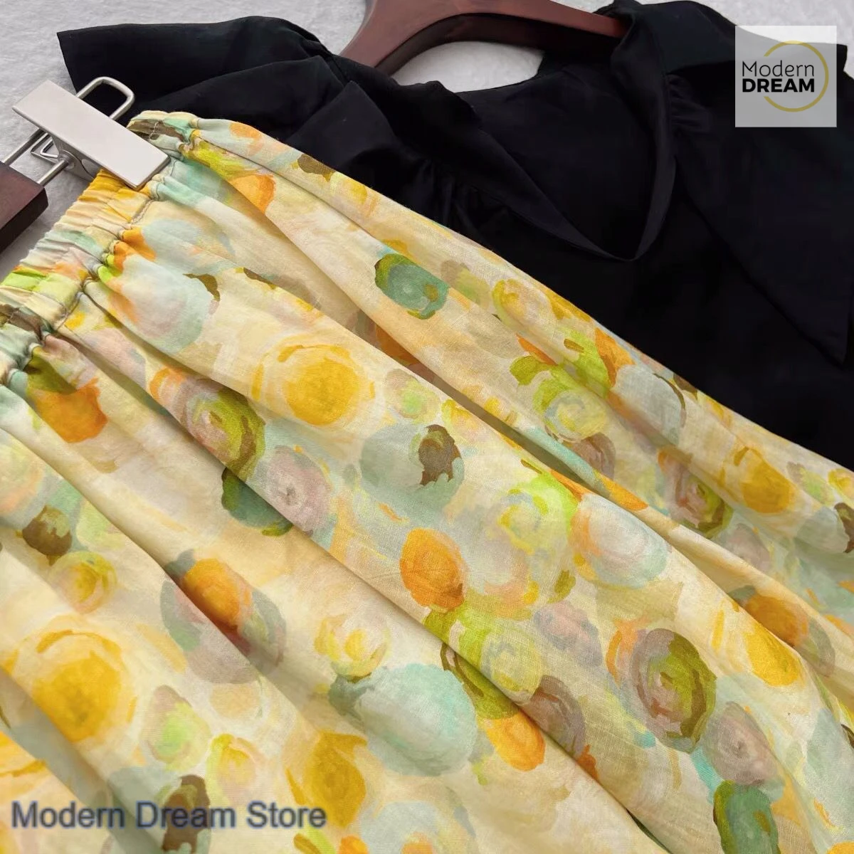 French orange fresh elastic waist A-line skirt women's spring and autumn new high waist slim Joker casual long niche print skirt