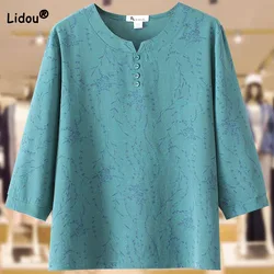 Fashion Vintage 3/4 Sleeve Printed Loose Chiffon T-shirt 2023 Summer Women's Clothing Casual Round Neck Button Tops for Female