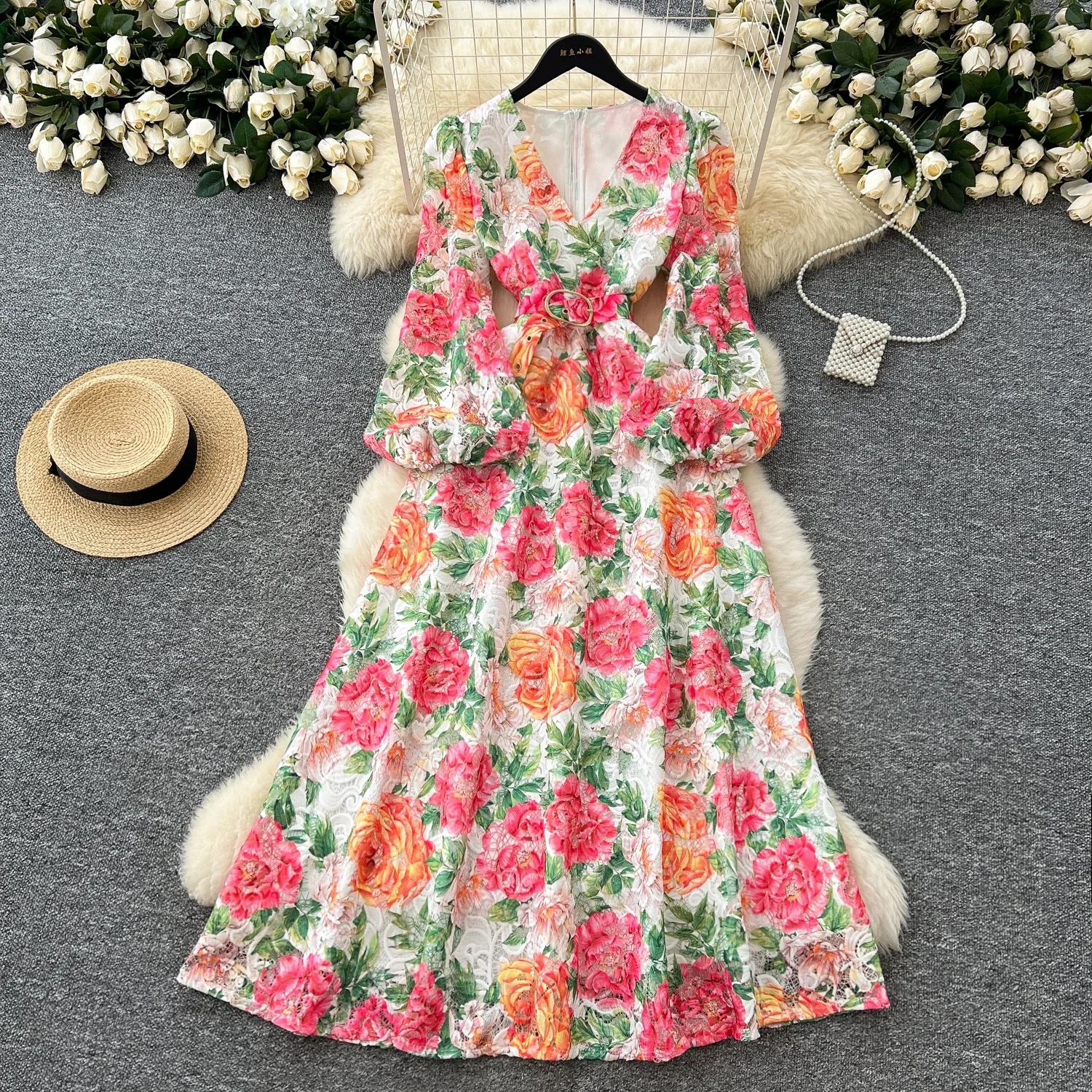 

Summer Holiday Gorgeous Flower Crochet Lace Embroidery Hollow Out Dress for Women V-Neck Long Lantern Sleeve Belt Party Vestidos