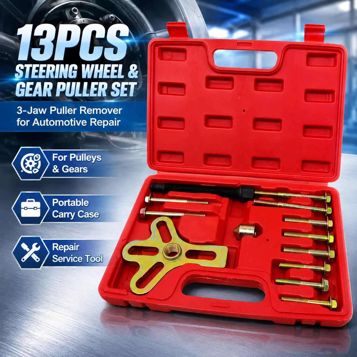 13PCS Steering Wheel Gear Puller Set Harmonic Balancer Pulley Remover Universal Automotive Service Repair Tool Kit with Case