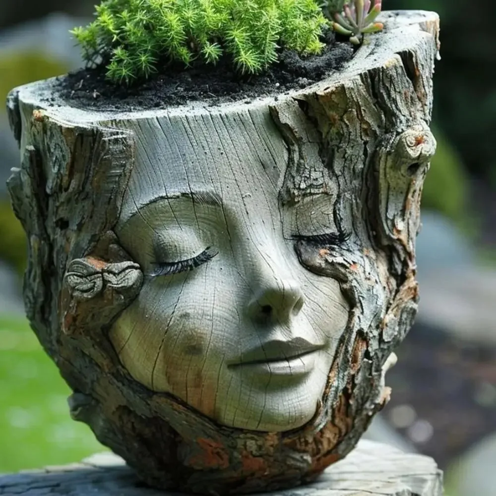 

Funny Girl Face Flowerpot Handmade Resin Crafts Succulents Flower Pot Waterproof Tree Stump Girl Pot Living Room Decoration