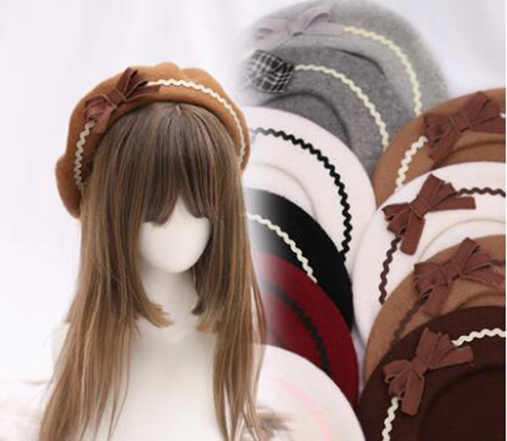 Niedliche Lolita-Baskenmütze für Damen, lässige Mode, koreanische Wolle, Schleife
