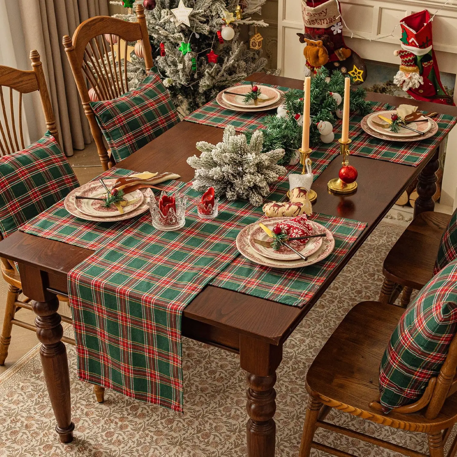 Christmas Checkered Tartan Table Runner, Multi-color Plaid Pattern, Art Seasonal Fall Table for House Party Kitchen Dining Decor