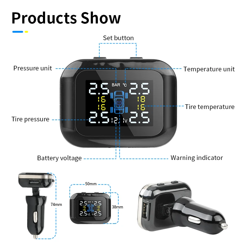 Автомобильный прикуриватель TPMS, беспроводной универсальный TPMS USB цифровой tpms система сигнализации давления в шинах 4, внешний внутренний датчик