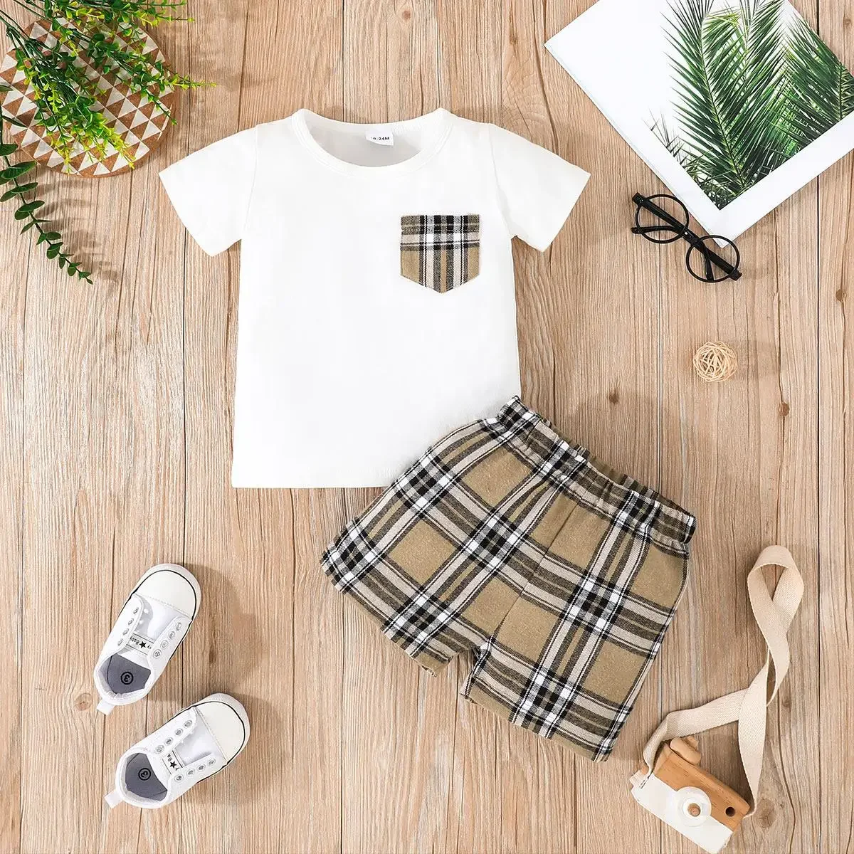 PatPat 2pcs Baby Boy 95% Cotton Short-sleeve Tee and Plaid Shorts Set Suitable for Summer Season Soft and Comfortable