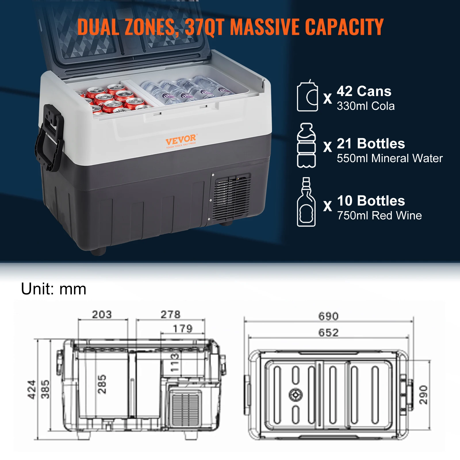 Geladeira para carro VEVOR 35L, geladeira para carro 12V, freezer portátil de zona dupla, -4 ℉ -50 ℉ , Refrigerador de compressor de 12/24 V CC e 100-240 V CA