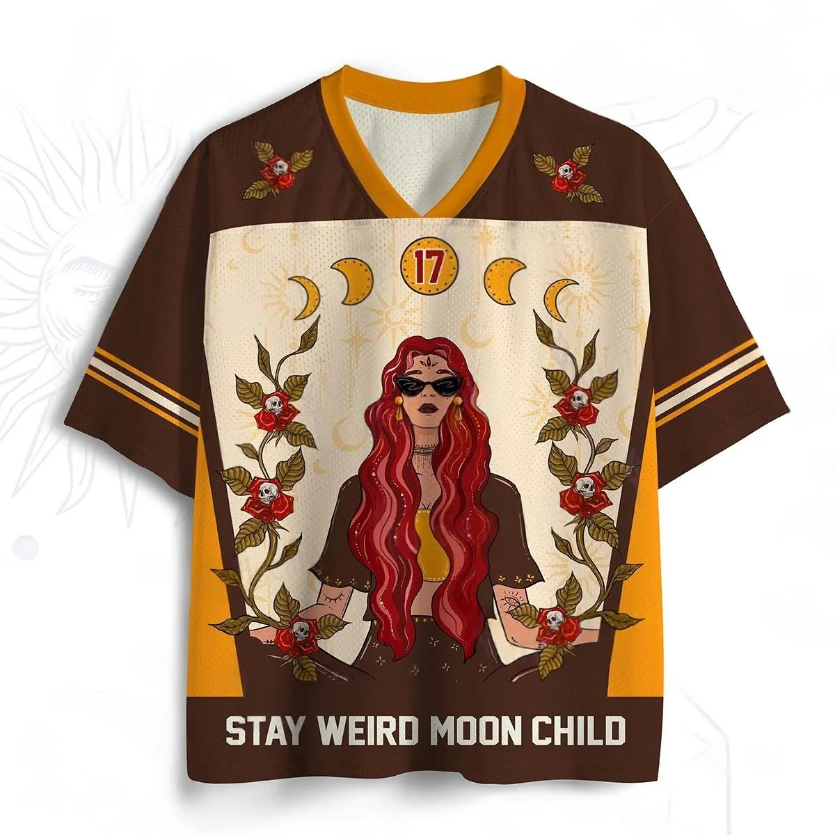Stay Weird Moon Number 17 Football Jersey Skull Rose Moon Lady Print Brown Orange Retro Gothic Sports Tee