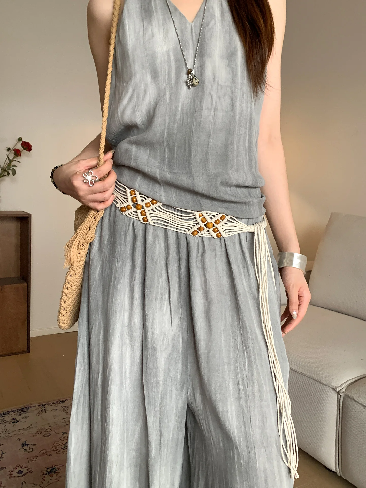 Bohème Bead Woven Wide Belt Vintage Ethnic Versatile Waist Rope Small Batch High-End Skirt Accessory