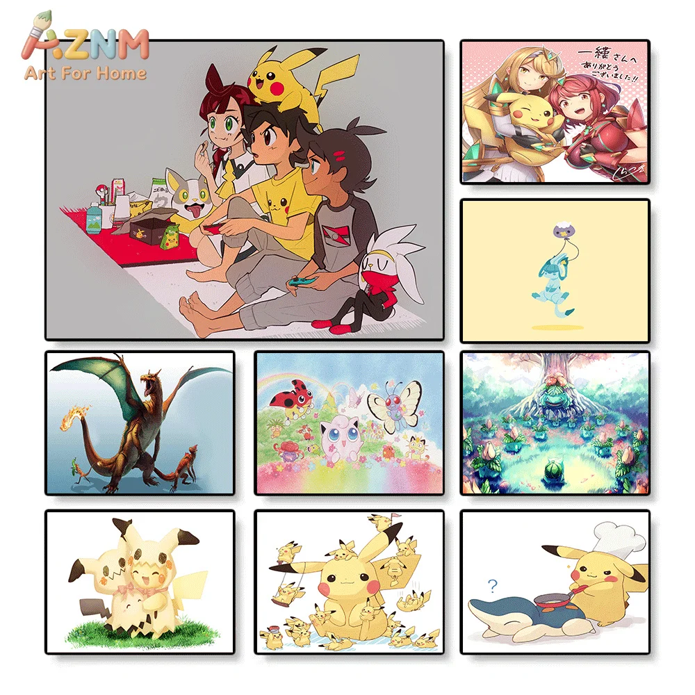 AZNM Ash Goh Chloe con Pikachu, Raboot y Yamper, Impresión Artística de Pokémon para Noche de Juegos, Pintura en Lienzo sin Marco, Decoración de Pared