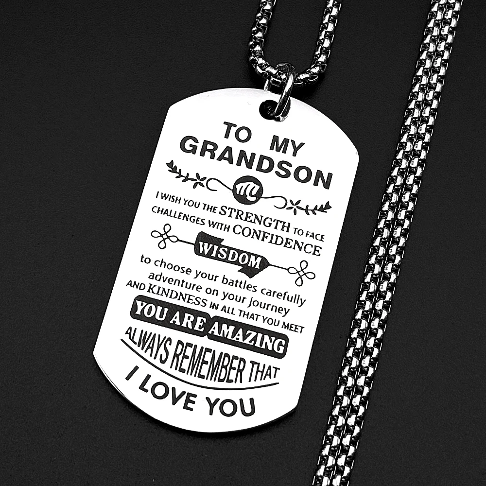 To My Grandson Dog Tag Pendant Necklace Stainless Steel Male Inspirational Chain Family Love Graduation Birthday Jewelry Gift