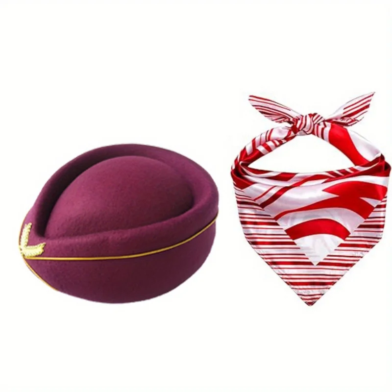 2pcs Vintage Air Hostess Costume Set Pink Beret Cap And Scarf for Flight Attendant Cosplay And Halloween Party