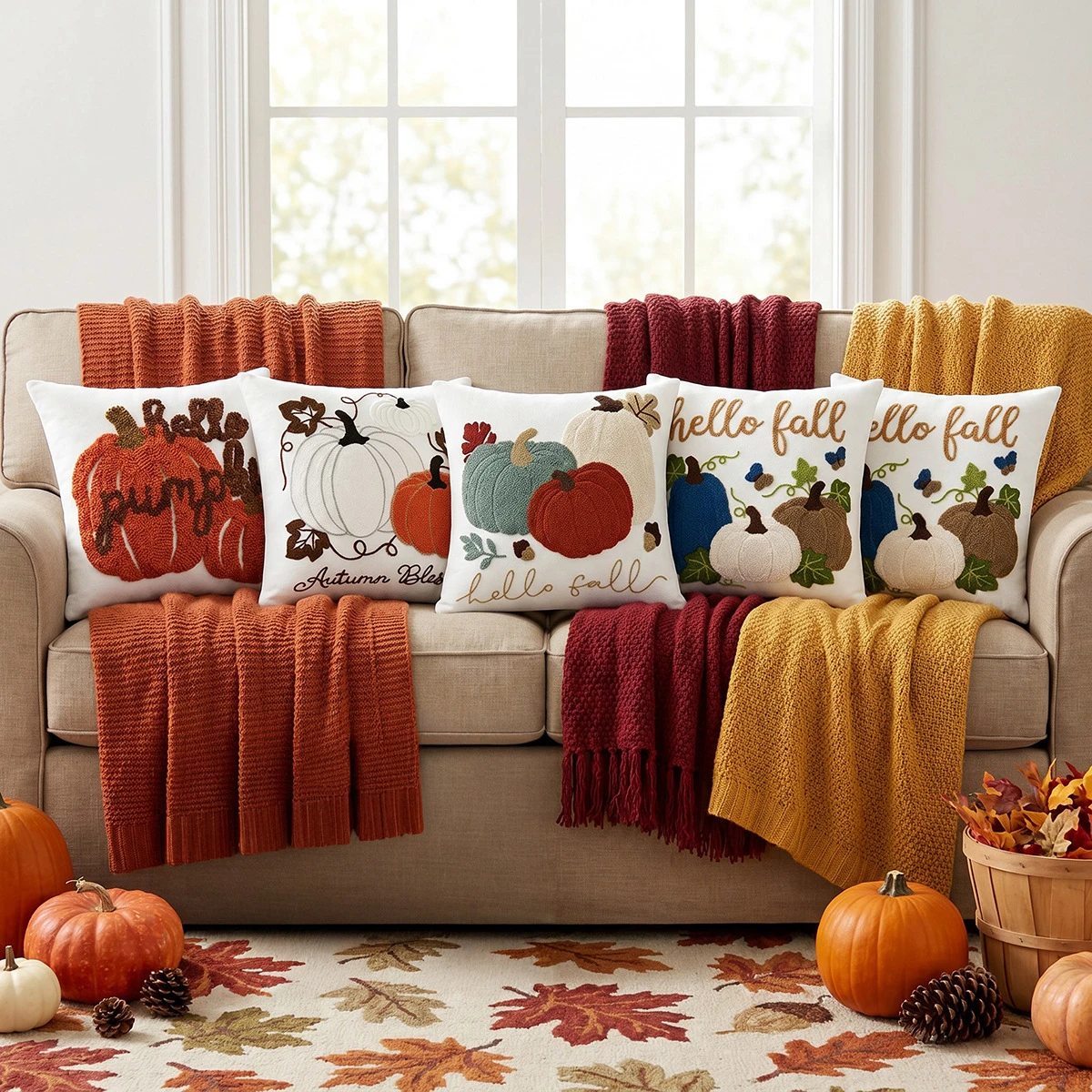 Autumn Pumpkin Pillow Cover Hello Fall Embroidery Cushion Case Thanksgiving Home Sofa Decor Harvest Season Farmhouse Style New