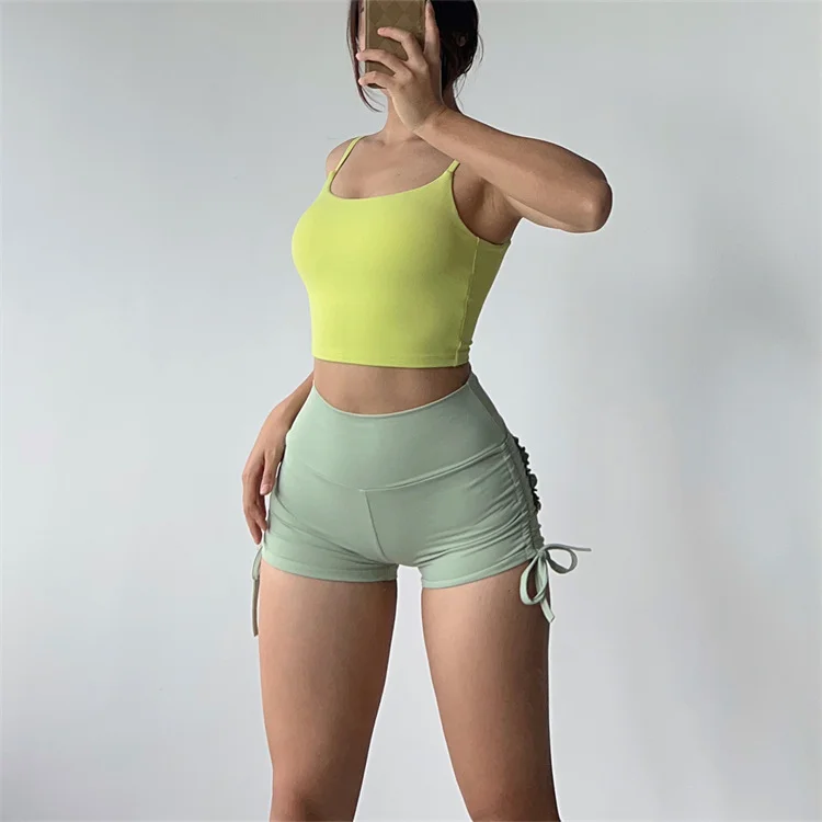 Women Summer Yoga Shorts High Waist Butt Lifting Running Shorts with Pockets Ruched Sports Fitness Workout Pants
