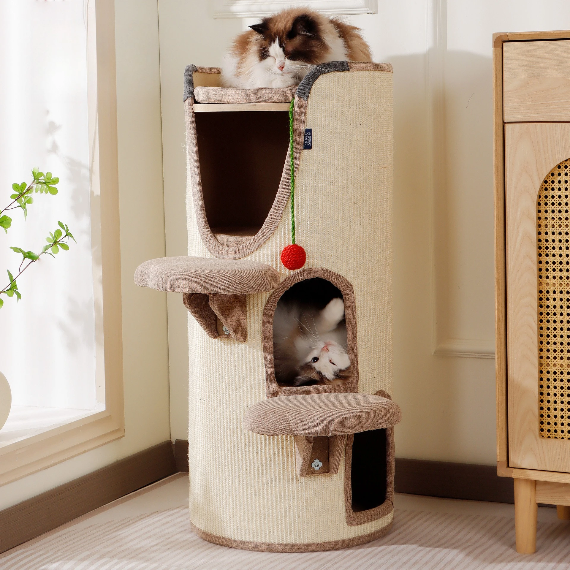 Árbol rascador para gatos de sisal con cama, túnel y juguete