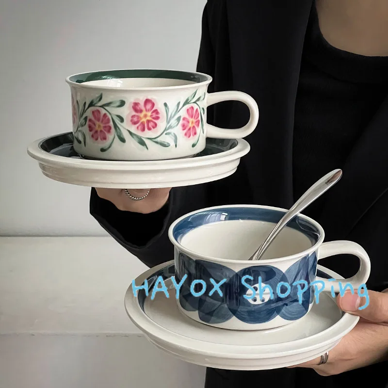 

Vintage Ceramic Freehand Painting Flower Cup，European Style Coffee Cup and Saucer Set，Creative Afternoon Camellia Tea Cup