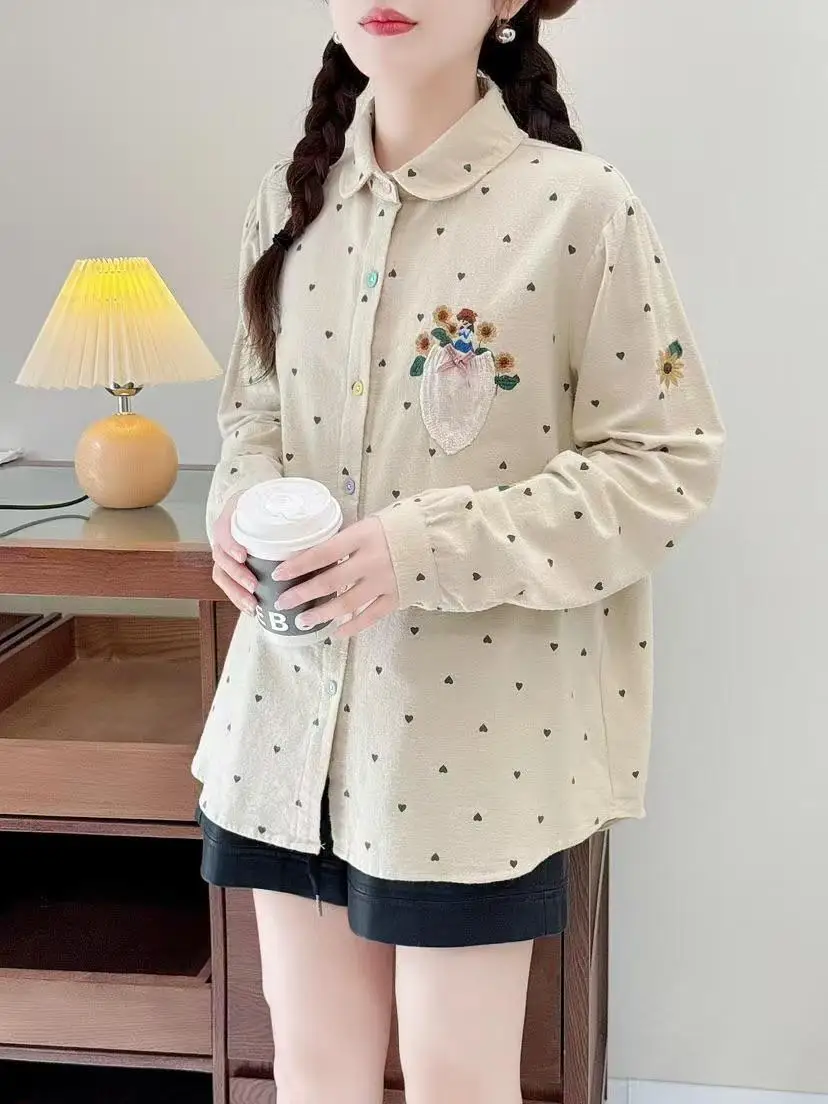 Mori kei fashion Japanese blue apricot heart-shaped printed shirt  vintage knitted pocket patch embroidery long sleeve blouses