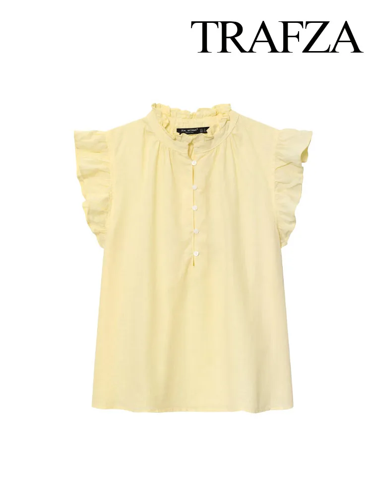 

TRAFZA Women's Summer New Fashion Slim Shirts Solid O-Neck Sleeveless Single-Breasted Female Casual Chic Short Tops 4 Color