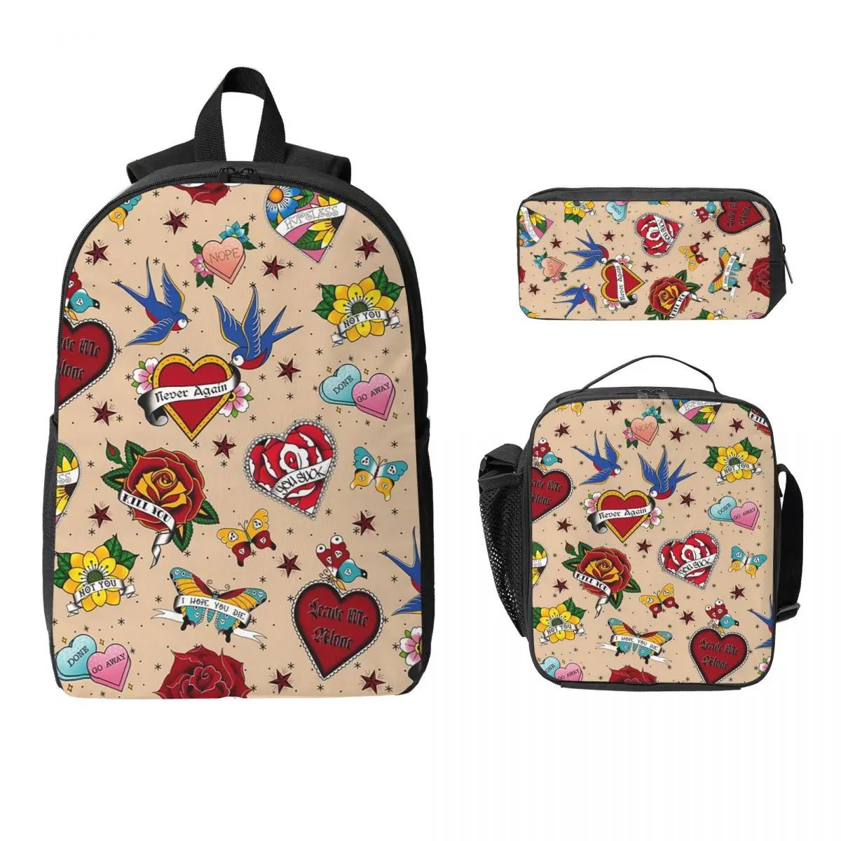 Tan Broken Hearts Retro Traditional Tattoo Backpack Student Boys Girls BookBag School Bag 3ps Insulated Lunch Bag Pencil Case