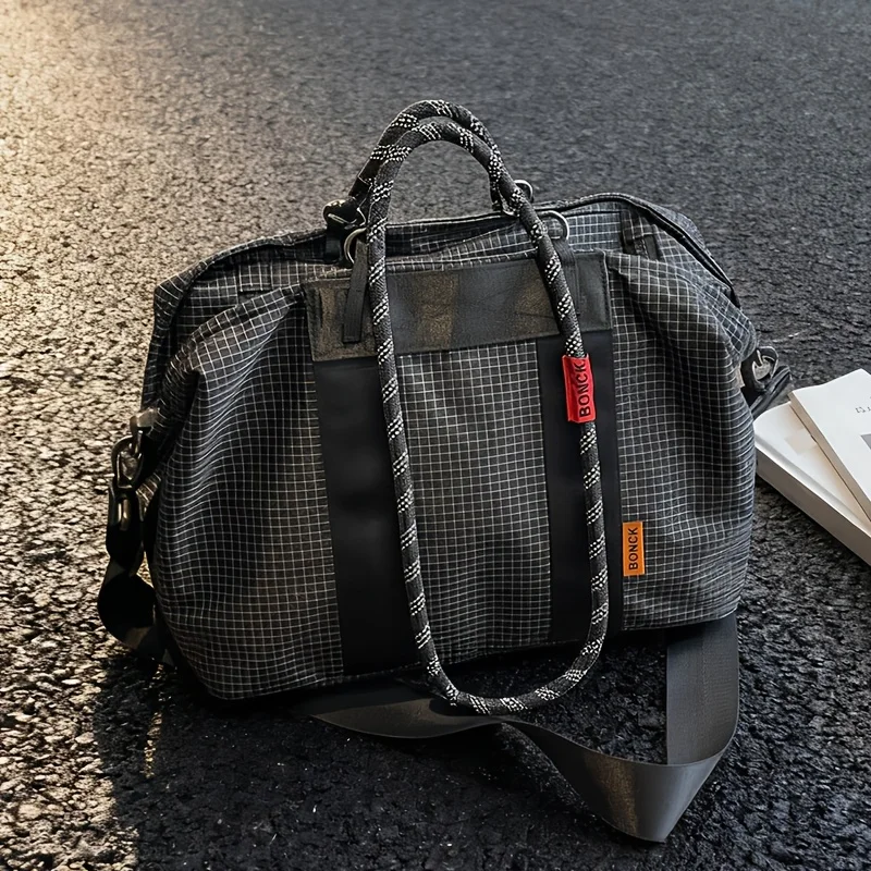 

Large Capacity Grid Pattern Travel Duffle Bag,Lightweight Nylon Sports Gym Tote,Portable Weekender Overnight Bag