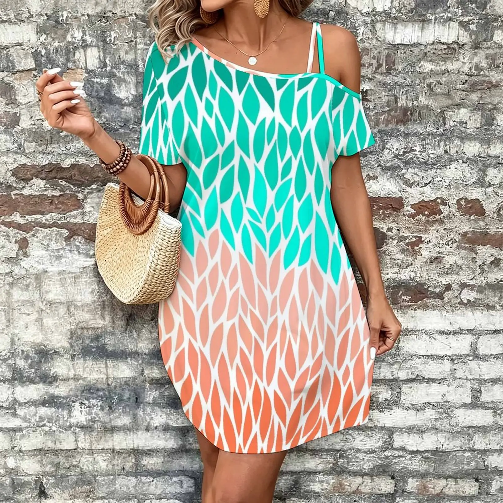 Vestido de manga corta con tirantes y hombros descubiertos, de color coral y menta, con efecto degradado, para mujer.