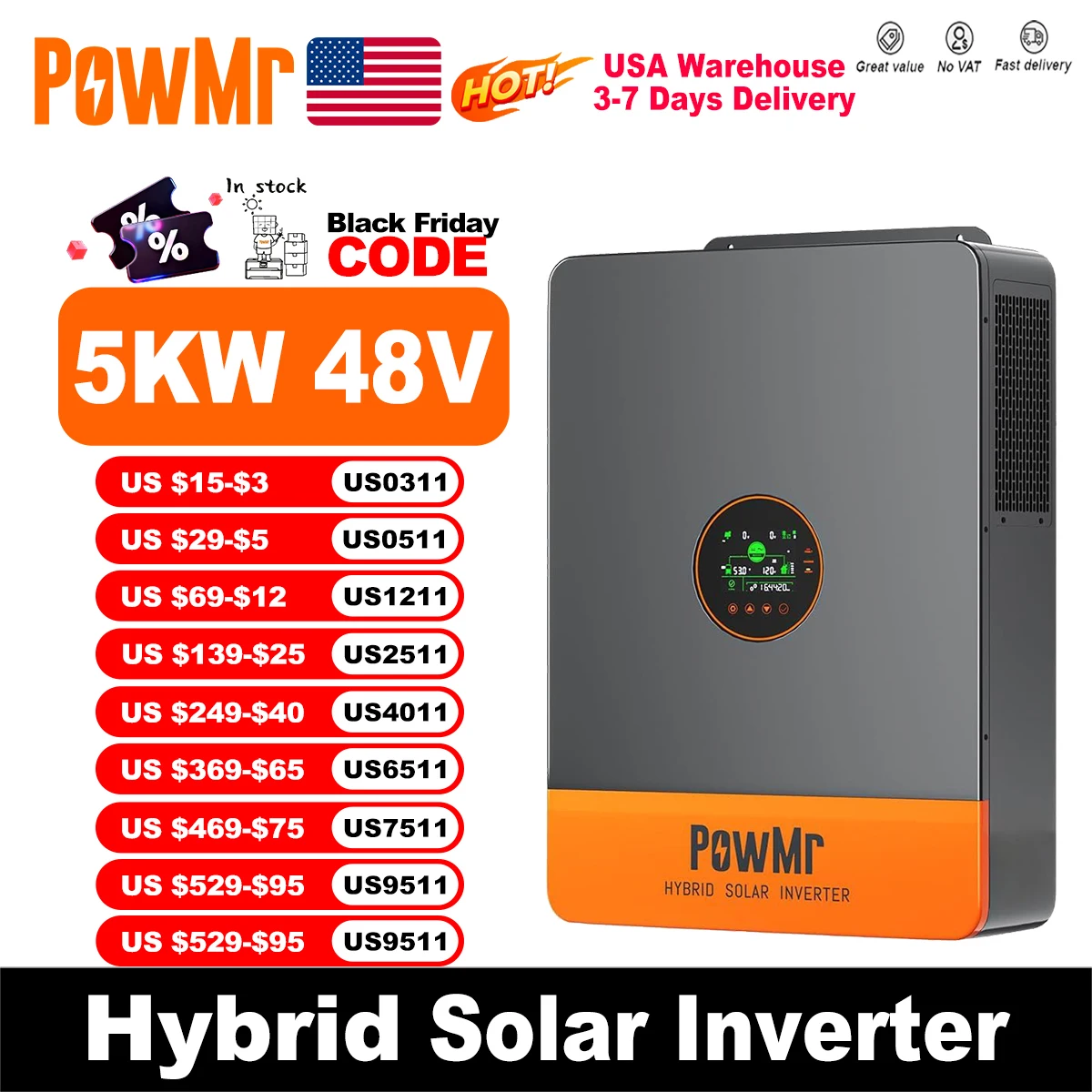 PowMr USA 5000 واط 48 فولت 110Vac العاكسونات الشمسية الهجينة يمكن أن تقسيم المرحلة 220Vac الناتج عند موازية موجة جيبية نقية MPPT 100A PV 500Vdc #1