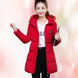 Winter Warm Overcoat Thick Outwear Top Red Casual Parka Mid-length Cotton Padded Hooded Loose Women Coat Parka Snow Wear Outwear