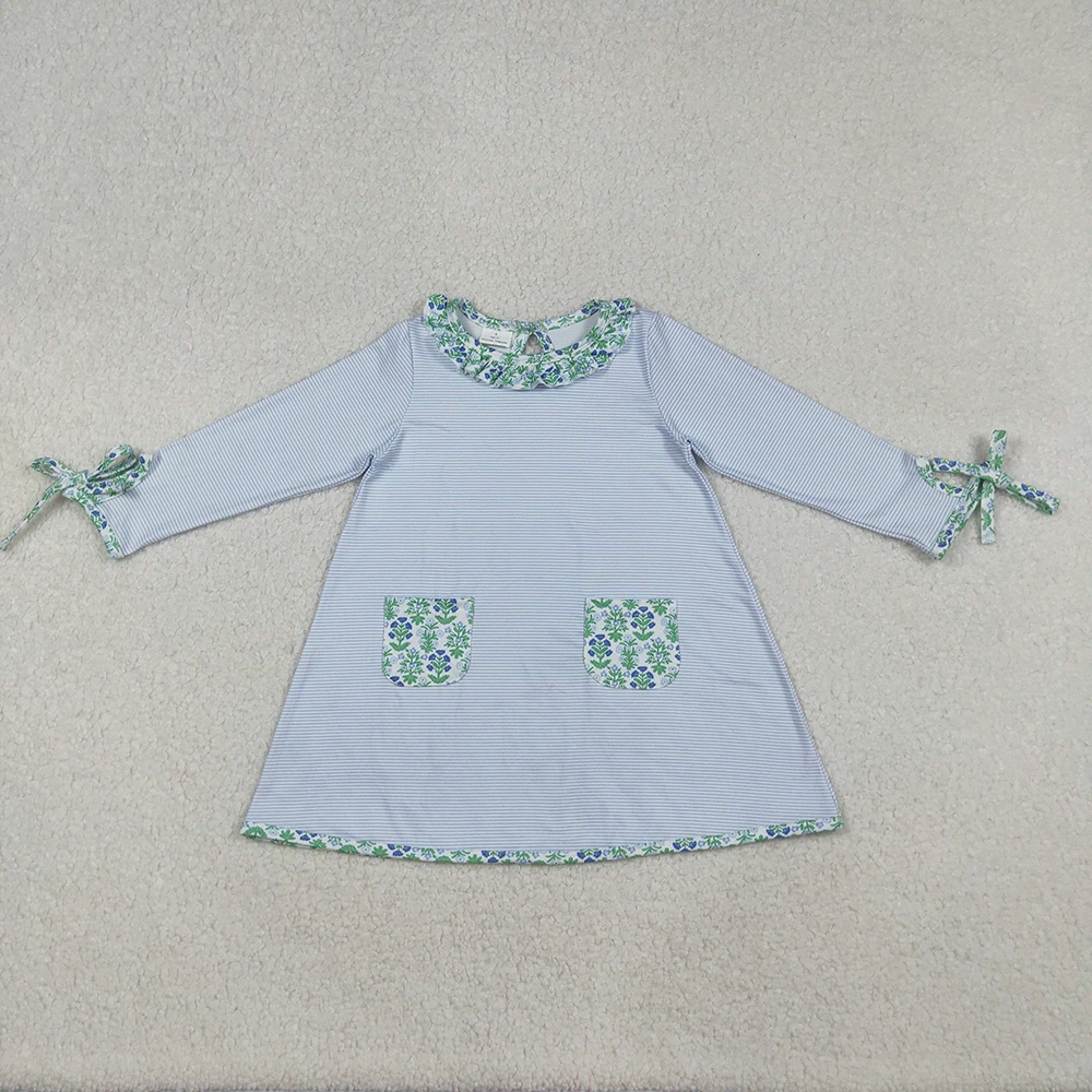 

Baby Girls Knee-Length Dress with Stripes And Green Flowers Light Blue Floral Pockets Cute Baby Girl Outfit