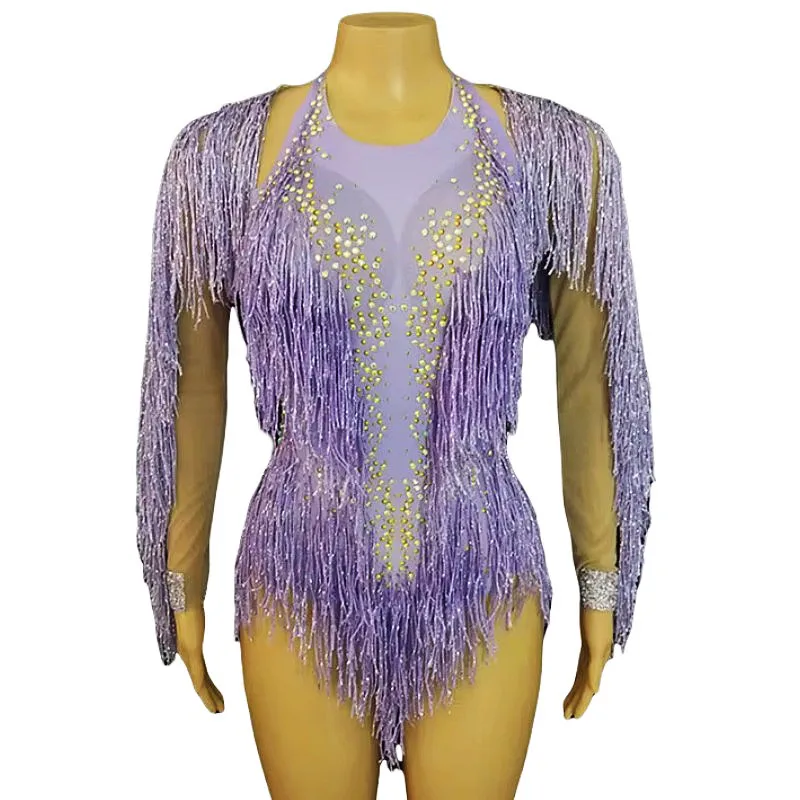 

Блестящий кристально-фиолетовый боди с кисточками, комплект топов, женский комплект танцовщицы, ночной клуб, бар, сценическая одежда, трико с бахромой, танцевальный костюм для выступлений