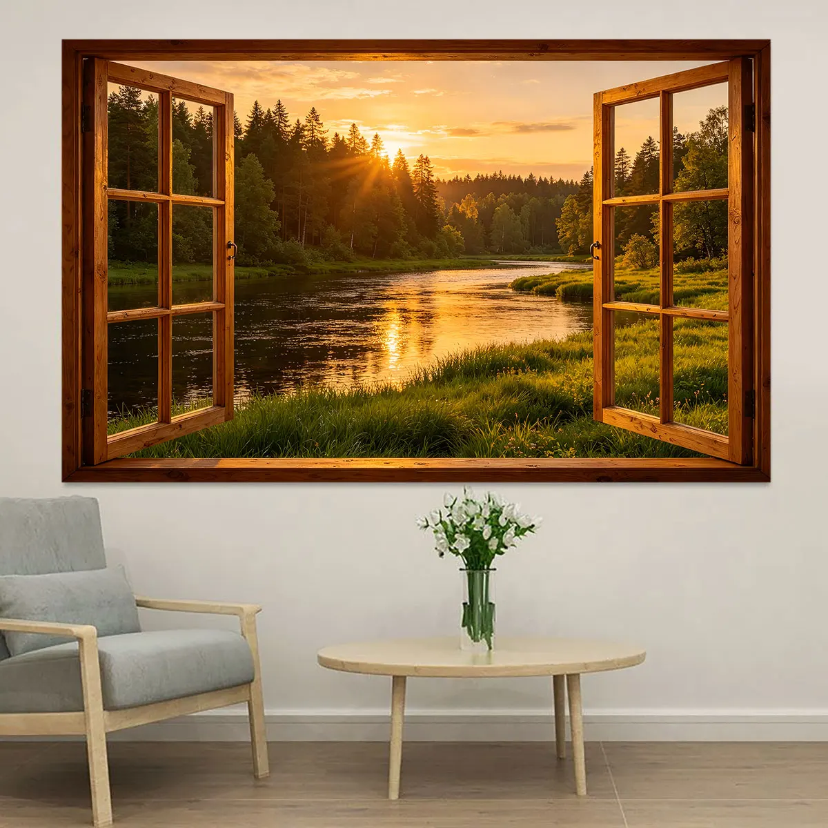 1Pc Sunset River Forest Scenery Simulated Open Window Wall Sticker PVC Landscape Mural Warm Dusk View Decal For Living Room B