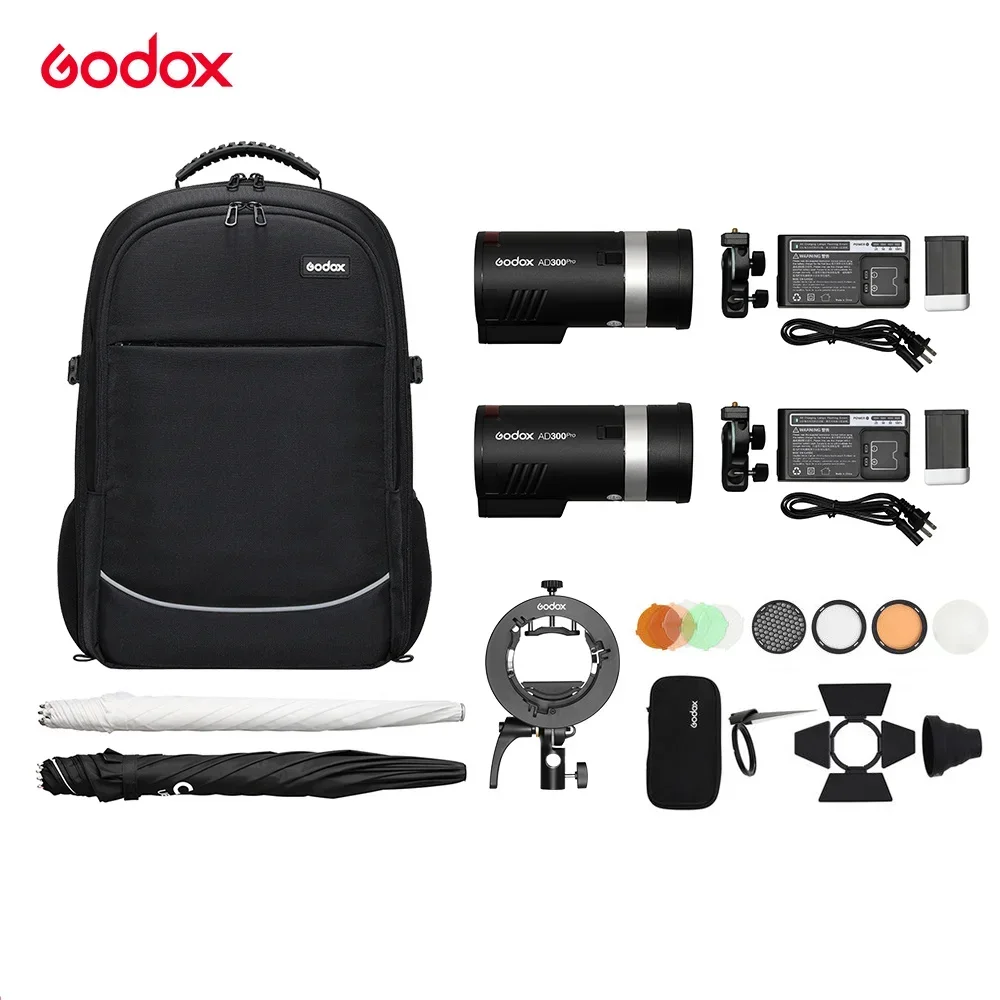 

Godox 2pcs AD300Pro AD300 PRO 300W Out Door Flash Flashes with Backpack + Umbrella + S2 Bracket + AK-R1 Flash Kit