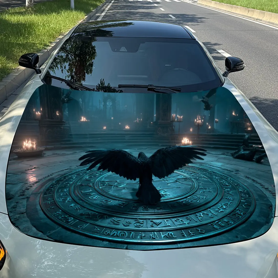 غلاف فينيل للسيارة من Nether Domain Black Raven and Rune Array، ملصق غطاء السيارة المقاوم للماء من مادة PVC، مقاوم للخدش ذاتي اللصق