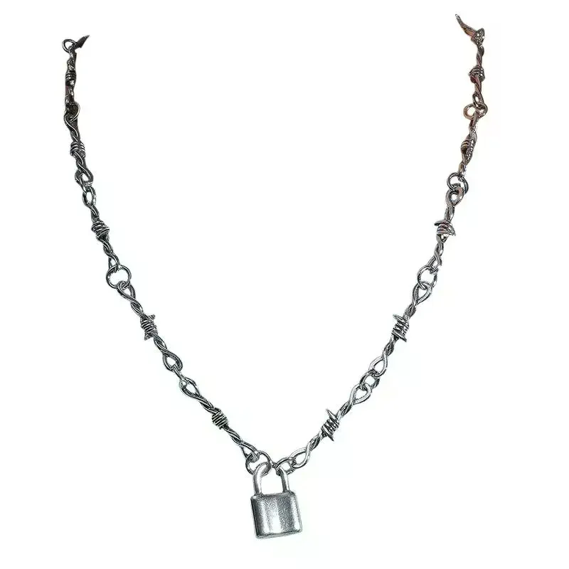 Punk Gothic Thorns Barbed Wire Chain Necklace Vintage Choker Hip Hop Pendant Lock Necklace For Party Birthday Gift
