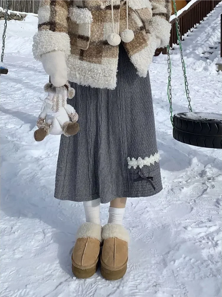 

Японская трикотажная юбка с милым бантом, женская осенне-зимняя юбка трапециевидной формы с высокой талией, винтажная универсальная юбка Y2k Faldas