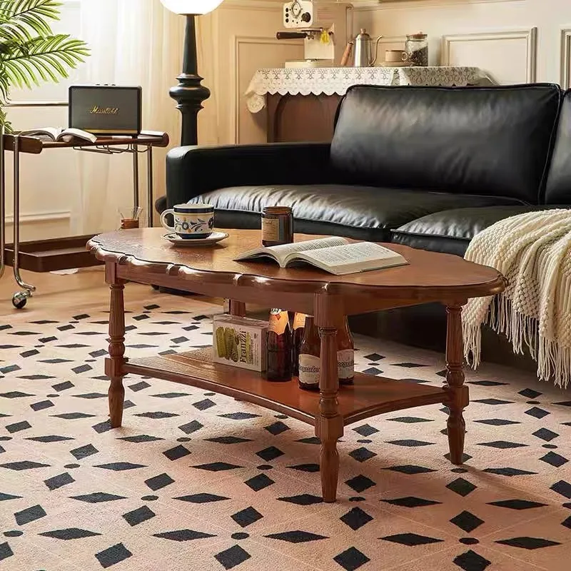 Retro solid wood double-layer coffee table design high-end art petal low table