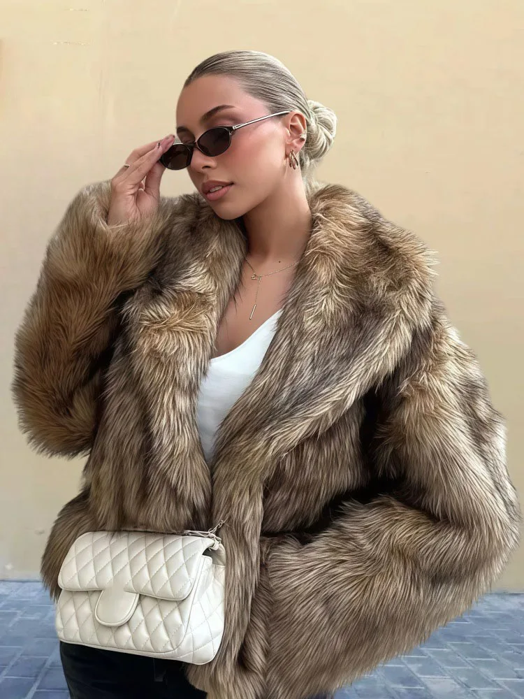 Retro Long Sleeved Fur Jacket for Women Solid Color Lapel Faux Fur Cardigan Tops Fashion Ccasual Thickened Warm Overcoat
