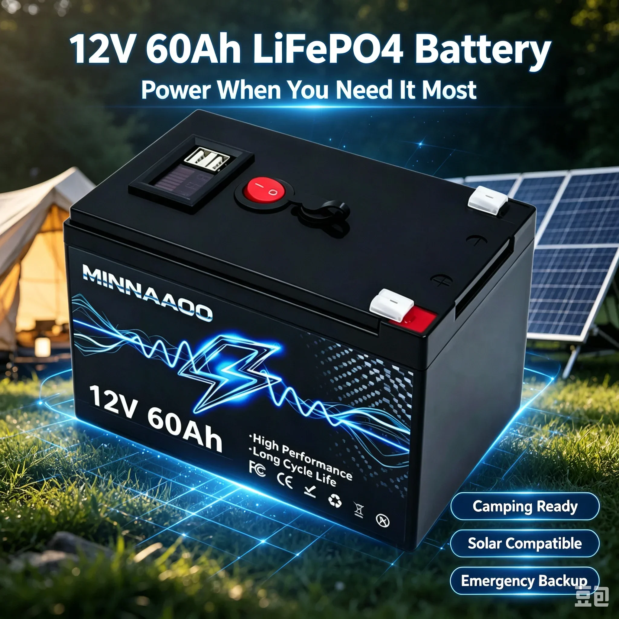 12V 60Ah LiFePO4-Batterie, wiederaufladbar, mit integriertem BMS, Lithium für Power Wheels, Scooter, Fischfinder