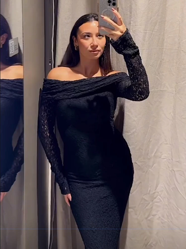 HH 2026 فستان نسائي صيفي أنيق ومثير أسود طويل من الشيفون والدانتيل بأكمام طويلة بدون حمالات فستان أنيق